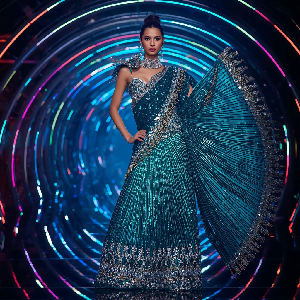 Peacock Prism Empress Saree with Infinity Neon Spiral Reflection Hall | Fantasy Ai Prompt
