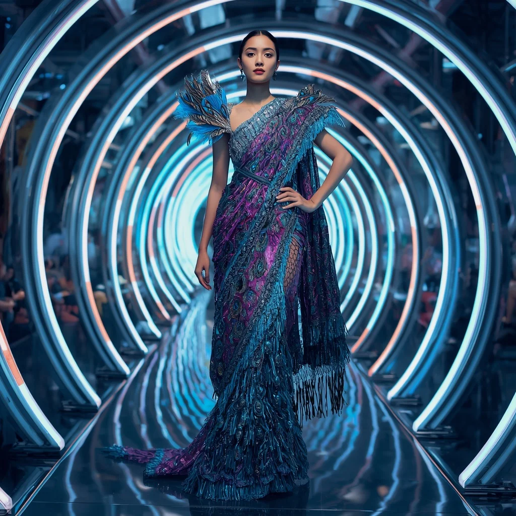 Peacock Prism Galaxy Saree with Infinity Neon Spiral Reflection Corridor | Prompt Seen Girls AI Photo Editing