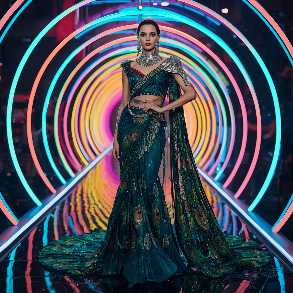 Peacock Prism Mirage Saree with Infinity Neon Spiral Reflection Tunnel | Free Ai Prompt