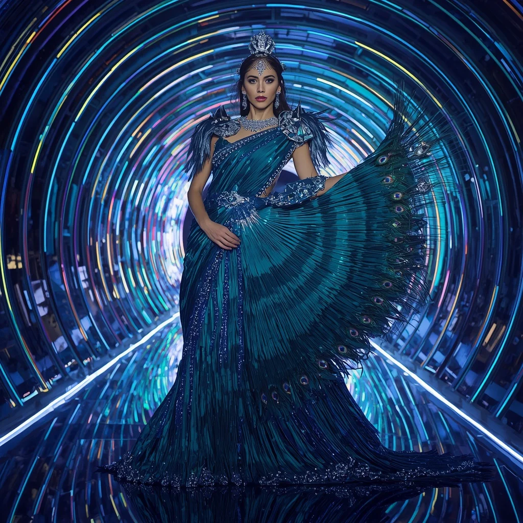Peacock Prism Queen Saree with Infinity Neon Crystal Spiral Tunnel | Female Model Ai Prompt