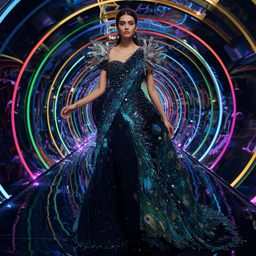 Peacock Prism Royale Saree with Infinity Neon Spiral Reflection Tunnel | Stylish Prompt For Girls