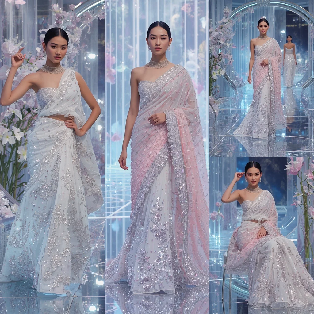 Pearl Aurora Crystal Saree with Floating Hologram Garden | Grok Ai Prompt
