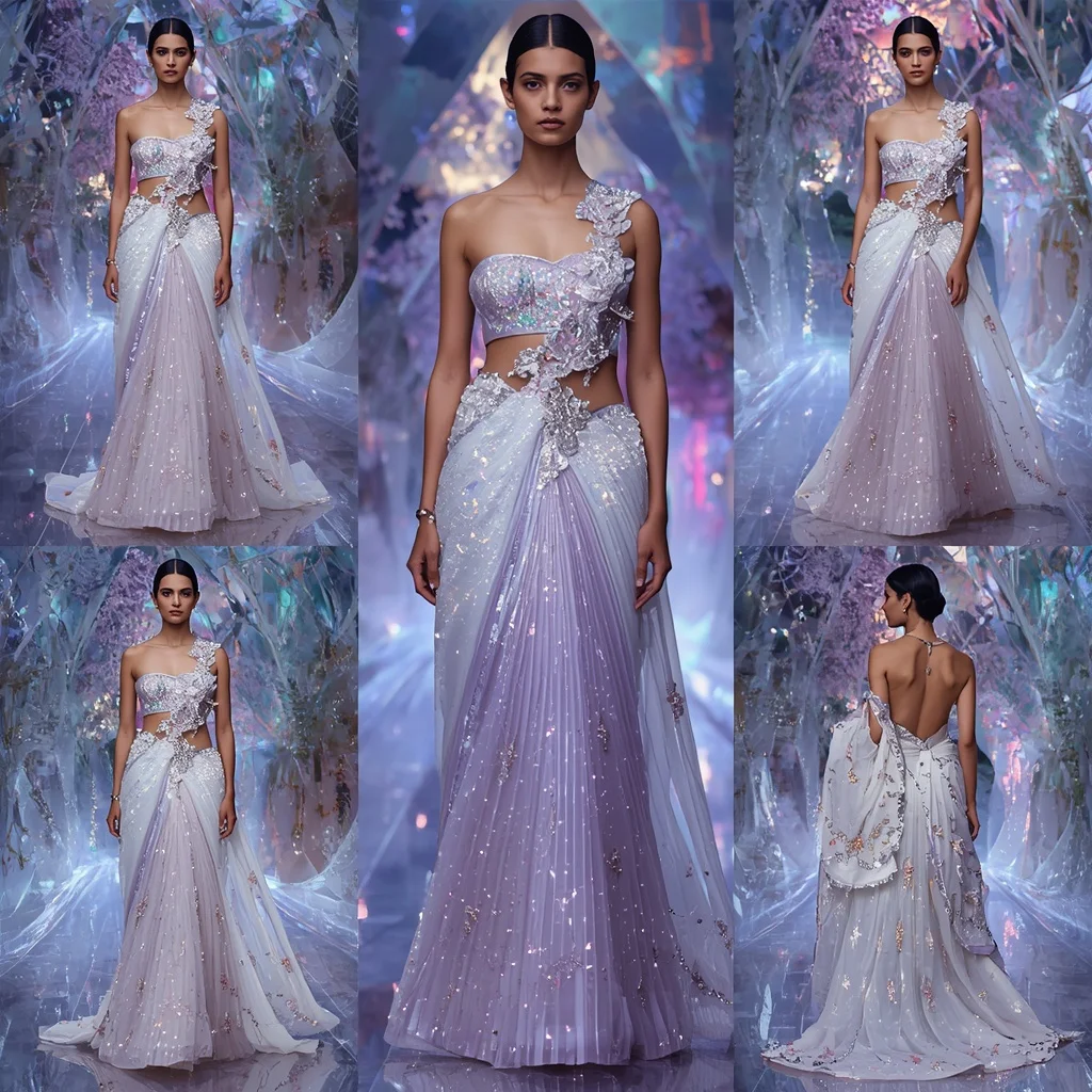 Pearl Hologram Fantasy Saree with Floating Crystal Forest | Anime Ai Prompt