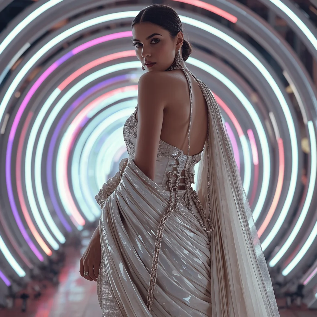 Pearl Mirage Couture Saree with Spiral Light Waves | Traditional Prompt For Gemini Ai Girl Aesthetic