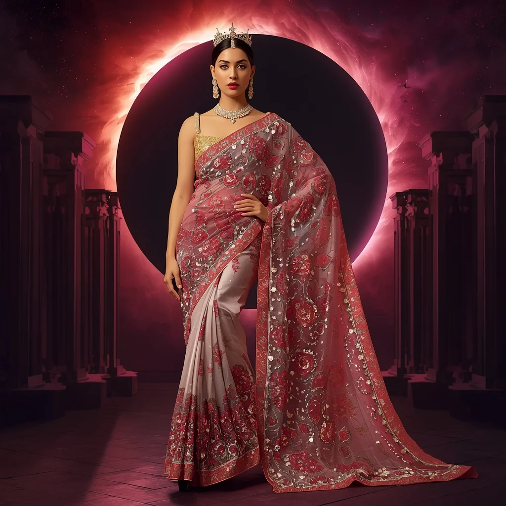 Pearl Ruby Eclipse Hyperqueen Saree with Aurora Eclipse Absolute Eternal Supreme | Ai Image Prompt