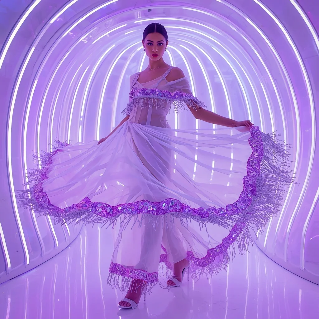 Pearl White Liquid Mesh and Neon Violet Saree in LED Chamber | Ai Art Prompt