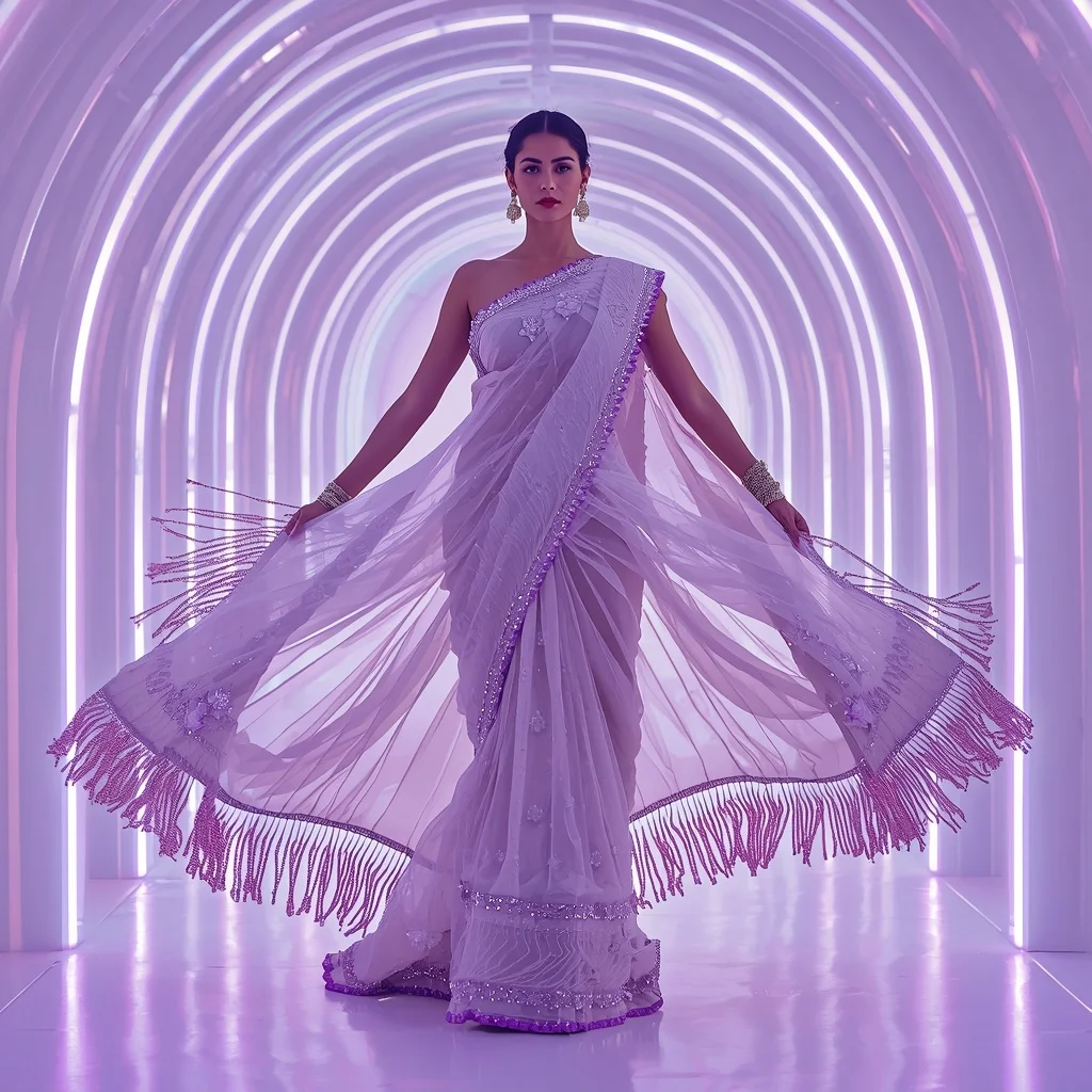 Pearl White Liquid Mesh and Neon Violet Saree with Curved LED Chamber | ChatGPT Photo Editing Prompts Trending Instagram For Girl