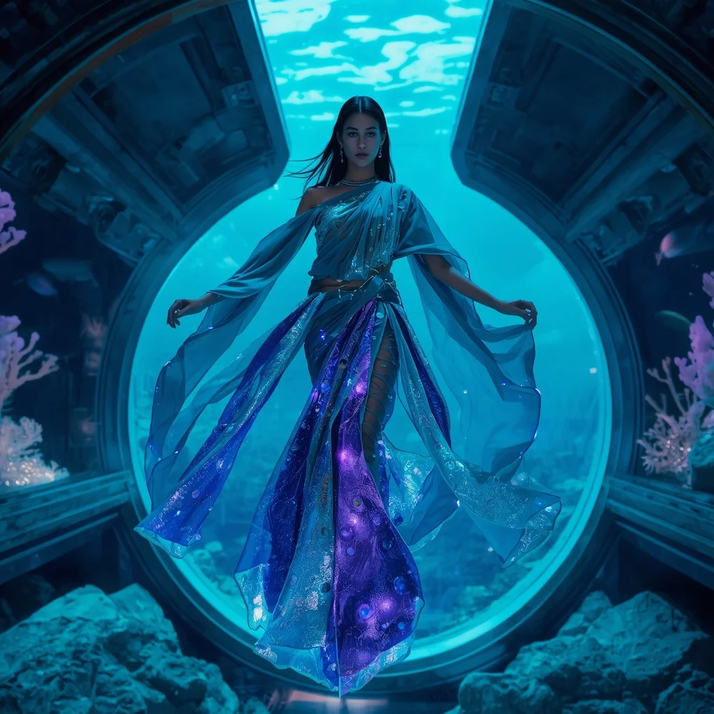 Plasma Coral Energy Saree with Deep Sea Reactor Dome | Text To Image Prompt