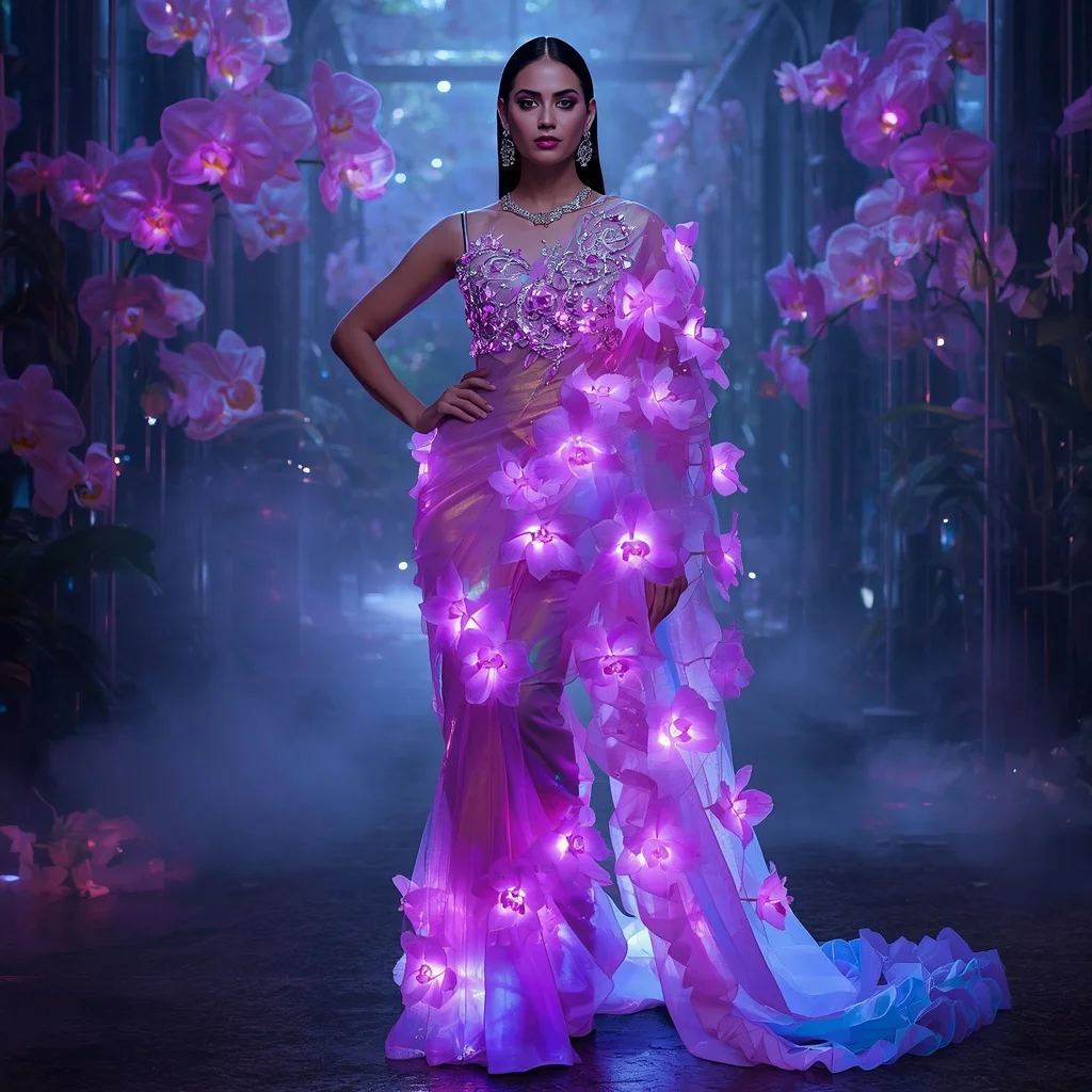 Plasma Orchid Saree with Living Energy Flower Drapes | Chatgpt Prompt