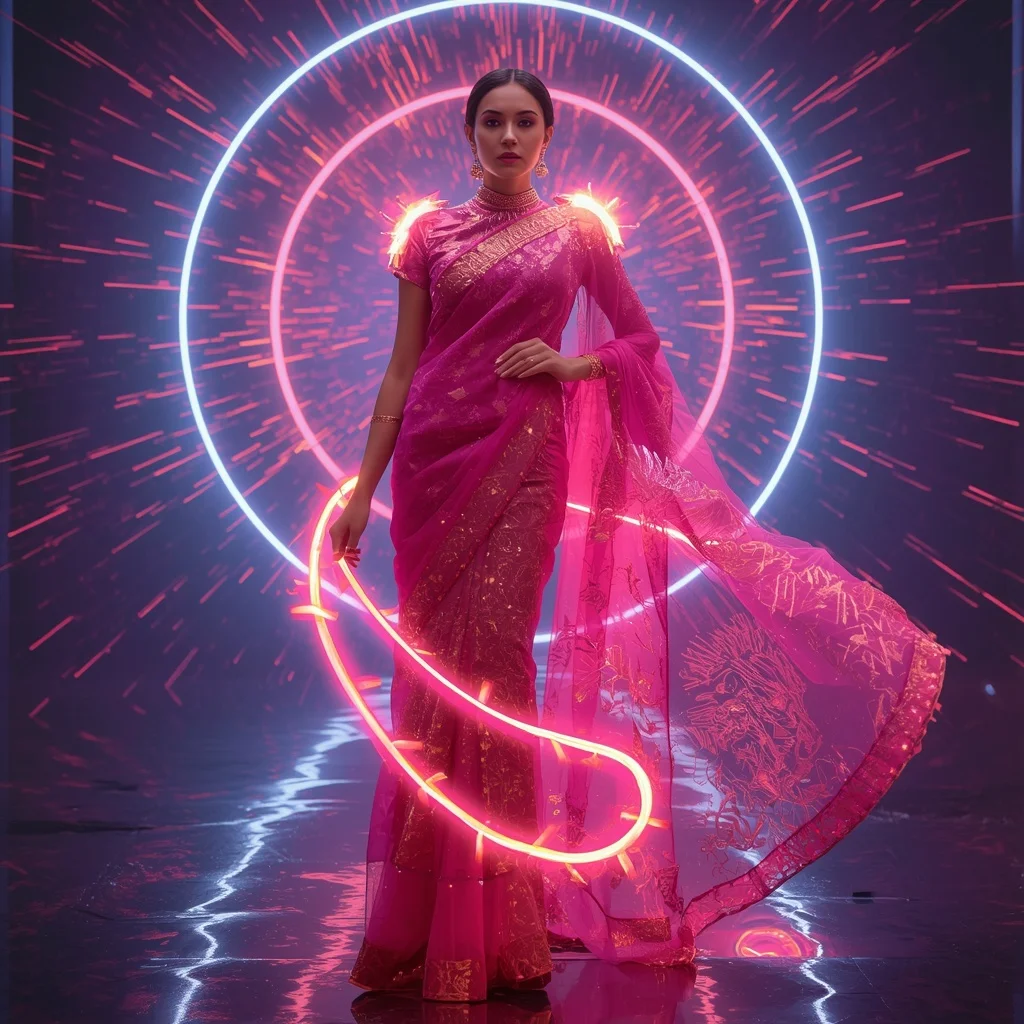 Plasma Ribbon Explosion Saree with Energy Spiral Dome | Ai Gemini Photo Prompt