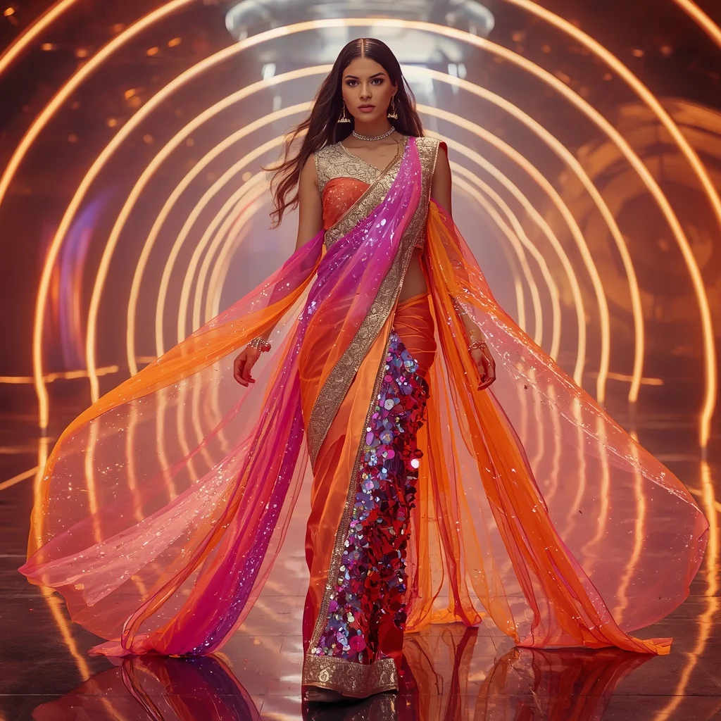 Plasma Silk Mirage Saree with Energy Horizon Hall | Modern Design Ai Prompt