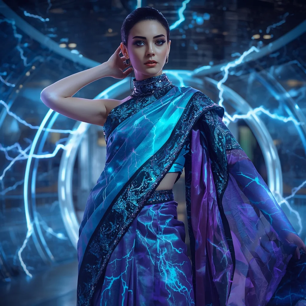 Plasma Silk Neural Storm Saree with Data Lightning Chamber | Prompt Seen Girl Photo Editing Trending