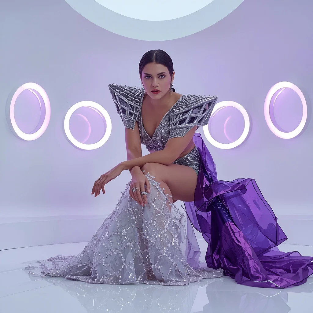 Platinum and Electric Purple Prism Saree with Floating Ring Chamber | Travel Ai Prompt