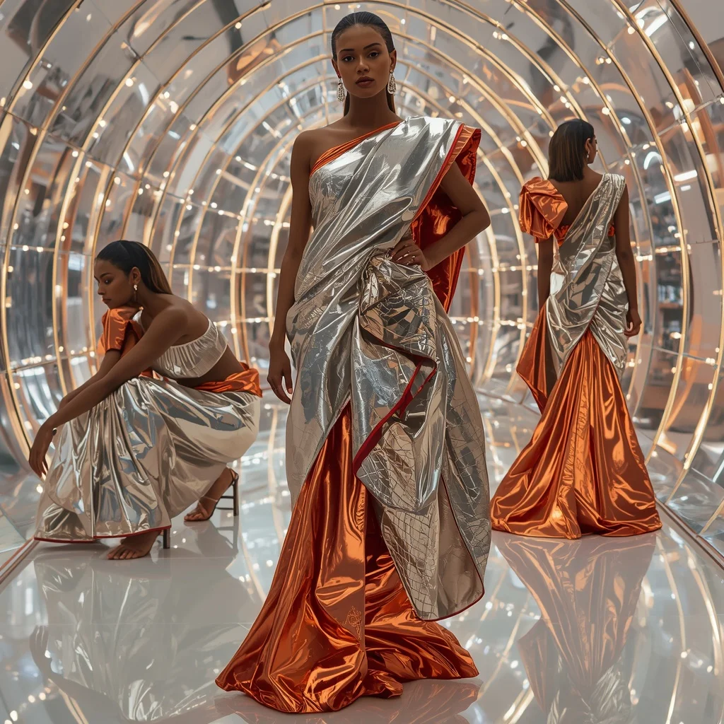 Platinum Flame Mirage Saree with Curved Infinity Dome | Grok Ai Prompt