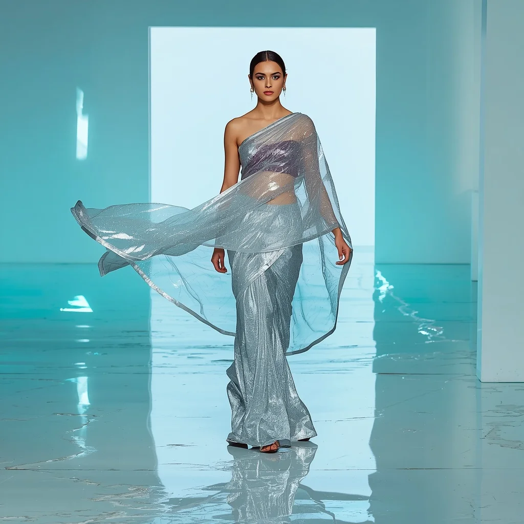 Platinum Foil Tissue Saree – Sweeping Walk Pose with Turquoise Caustics | South Indian Prompt For Girl ChatGPT