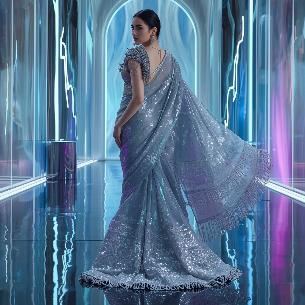 Platinum Galaxy Flame Saree with Floating Aurora Cathedral | Stable Diffusion Prompt