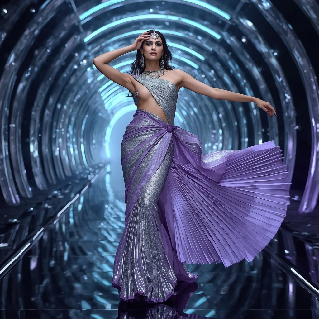 Platinum Galaxy Queen Saree with Floating Digital Crystal Spiral Tunnel | Instagram Highlight Cover Ai Prompt