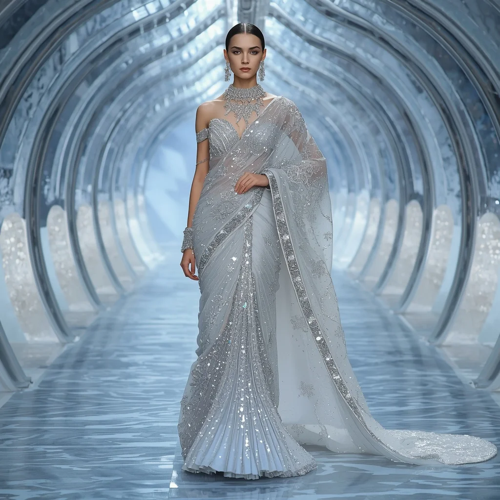Platinum Glacier Aurora Saree with Frozen Crystal Infinity Hall | Easy Ai Prompt