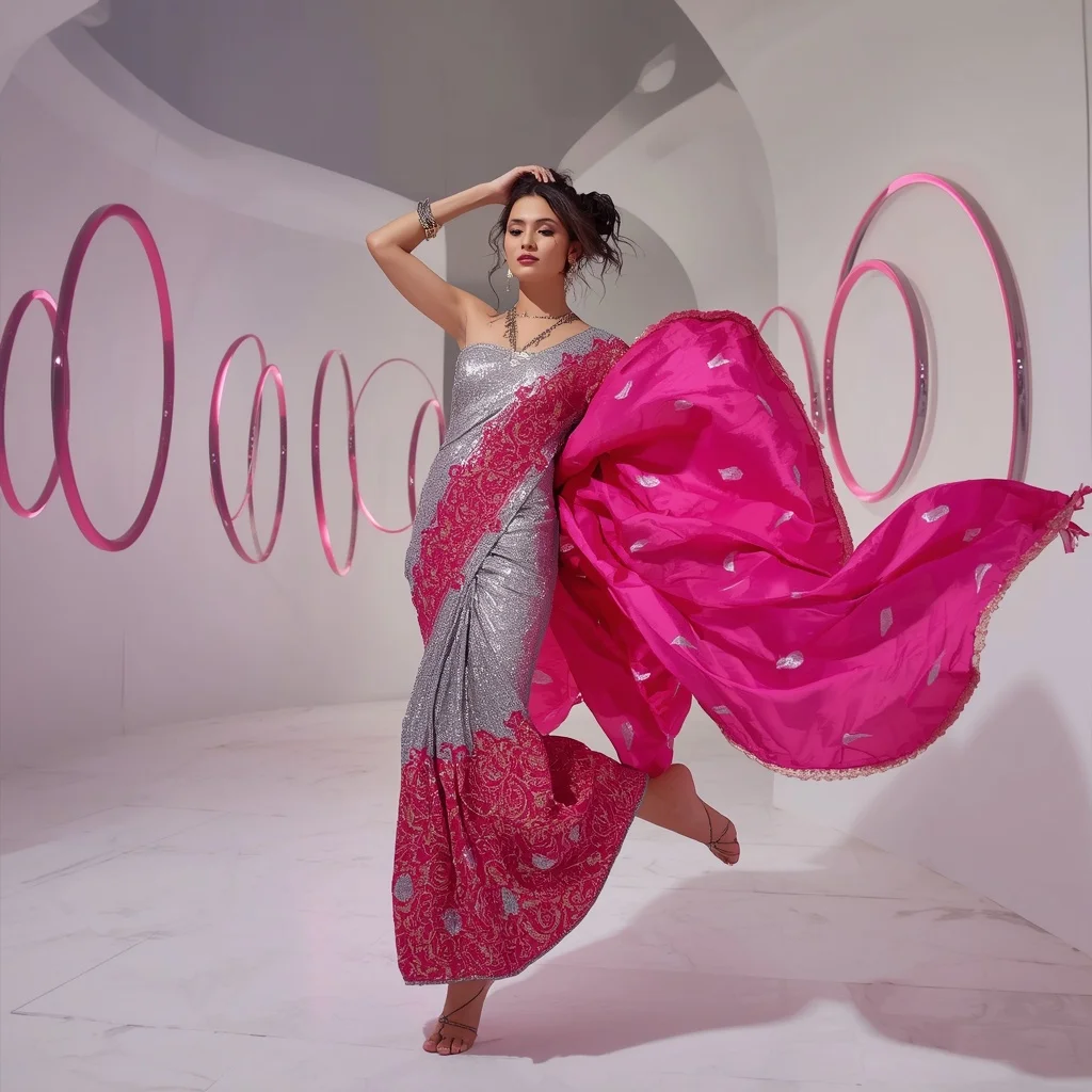 Platinum Lava and Neon Magenta Saree with Floating Ring Gallery | Girls Trending Prompt Gemini Instagram