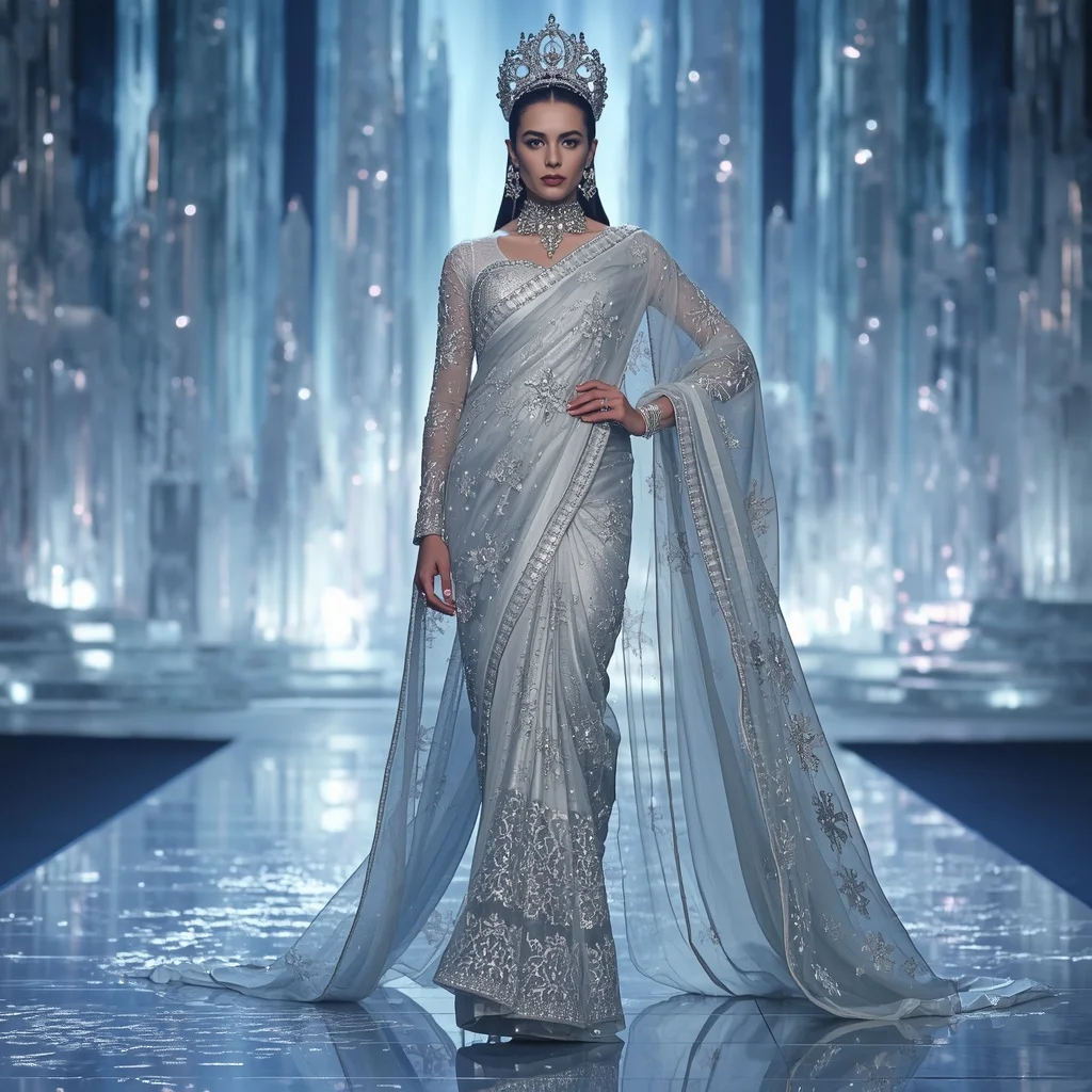 Platinum Snowflake Empress Saree with Frozen Crystal Realms and Aurora Ice Crown City | Youtube Thumbnail Ai Prompt
