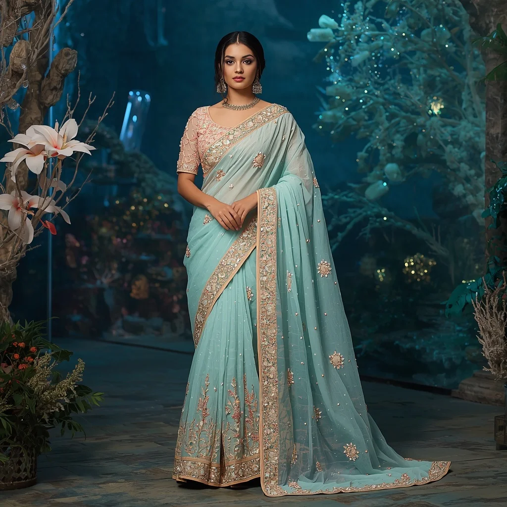 Premium Aqua Coral Princess Saree Couture with Ocean Crystal Garden Background | Sora Ai Prompt