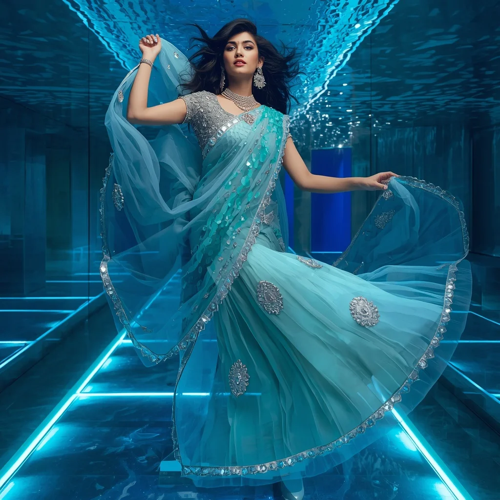 Premium Aqua Crystal Saree with Floating Circular Editorial Spiral and Celestial Water Reflection Palace Background | Prompt For Gemini AI Girl Style Trending Indian