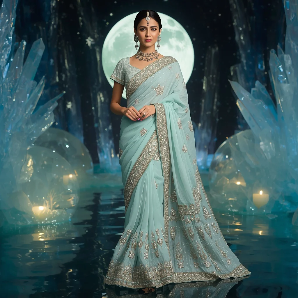 Premium Aqua Moon Pearl Saree Couture with Ocean Crystal Moonlight Background | Prompt Gemini