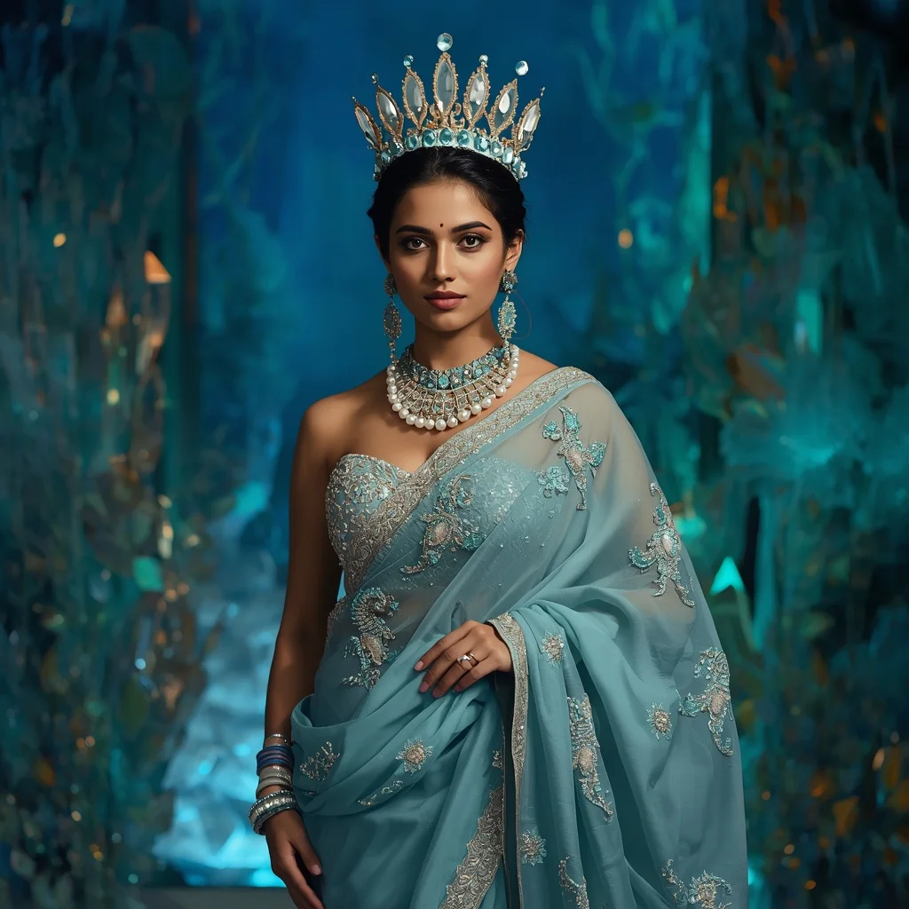 Premium Aqua Seahorse Crown Saree Couture with Ocean Crystal Empire Background | Trending Ai Prompt