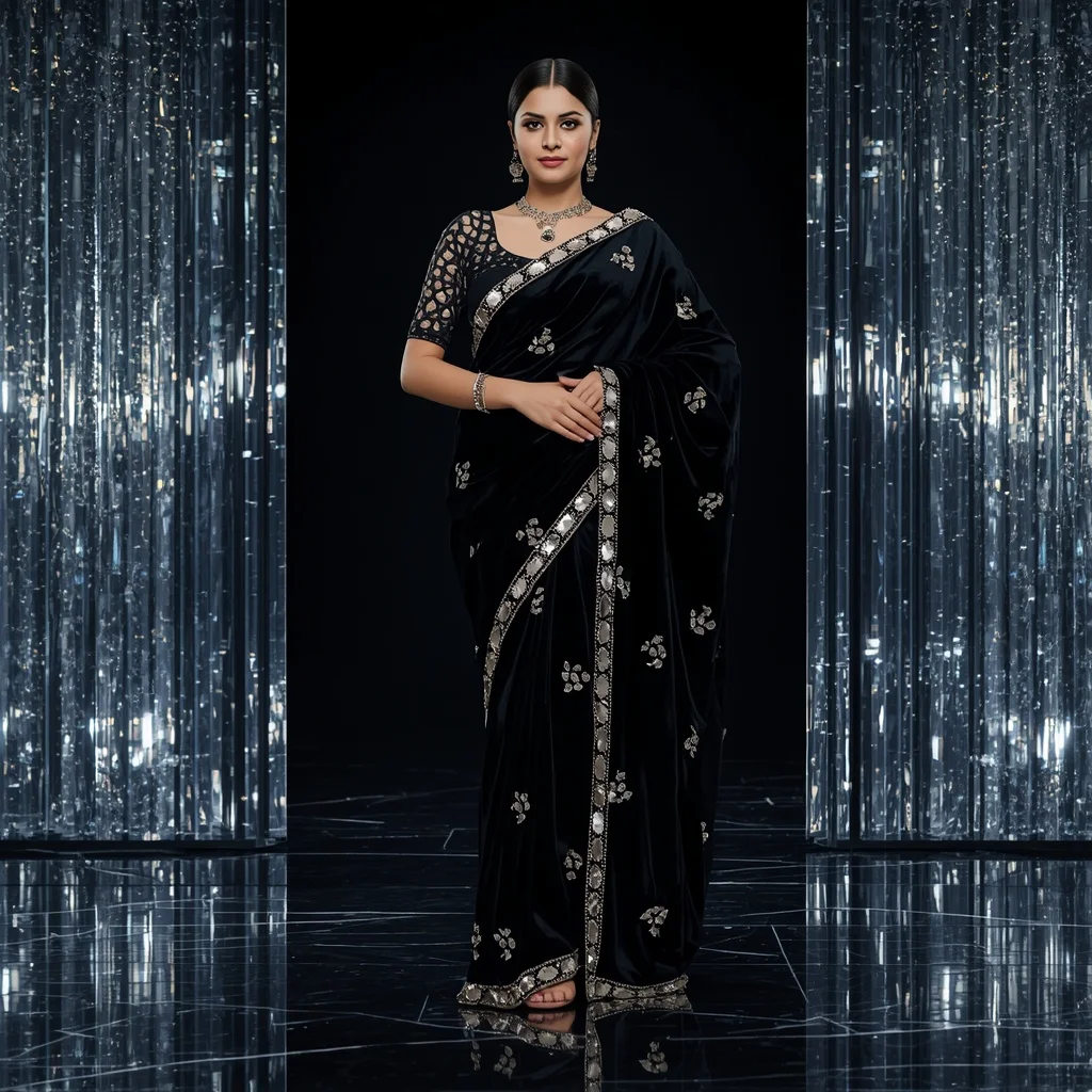 Premium Black Diamond Orchid Saree Fashion with Midnight Crystal Pavilion Background | Instagram Viral Photo Ai Prompt