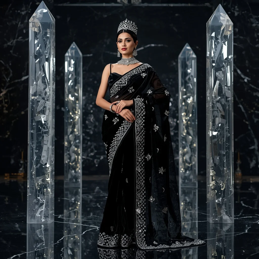 Premium Black Obsidian Crown Saree Fashion with Midnight Crystal Kingdom Background | Instagram Influencer Ai Prompt