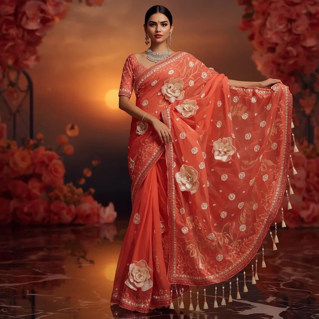 Premium Coral Pearl Saree with Artistic Marble Editorial Air Spiral and Sunset Floral Reflection Palace Background | Instagram Post Ai Prompt