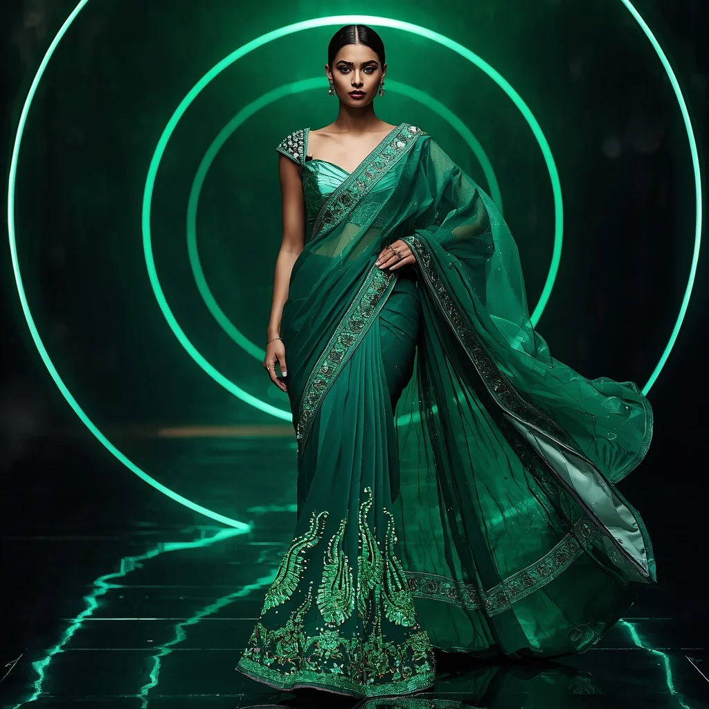 Premium Emerald Aurora Flame Saree with Fierce Editorial Curl Walk and Cyber Reflection Ring Background | ChatGPT Photo Editing Prompts Trending Instagram For Girl