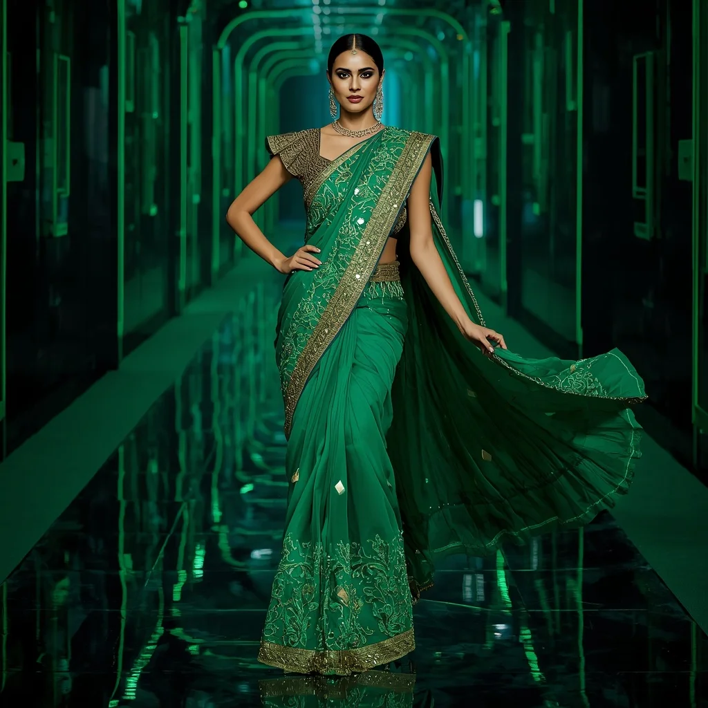 Premium Emerald Fire Prism Saree with Fierce Editorial Air Twist and Cyber Reflection Tunnel Background | 3d Animation Ai Prompt