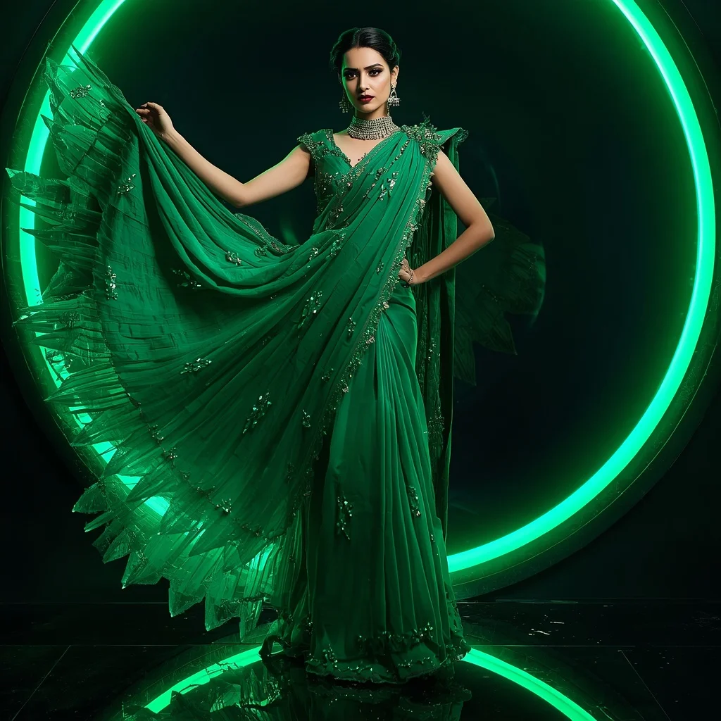 Premium Emerald Thunder Crystal Saree with Fierce Editorial Air Spiral and Cyber Reflection Ring Background | Prompt For Traditional Look For Girl Chatgpt Instagram