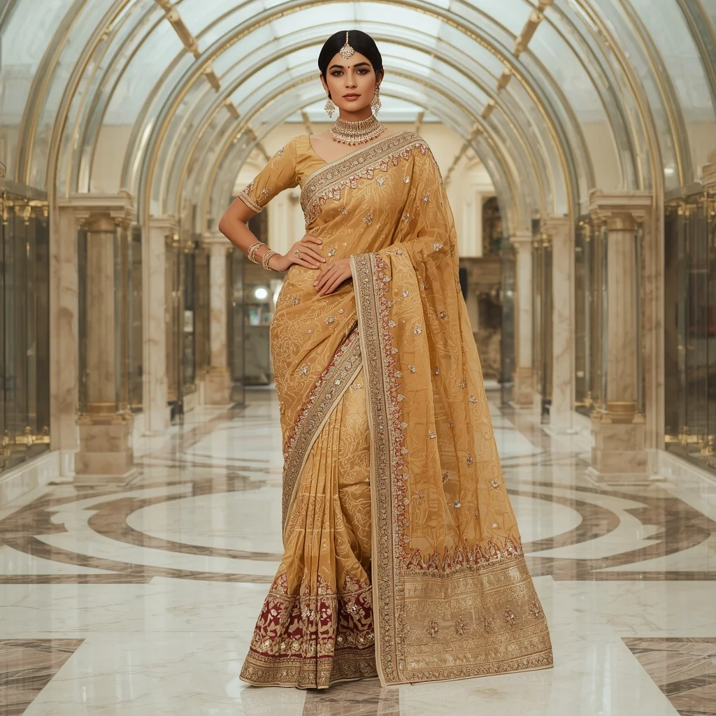 Premium Golden Heritage Maharani Saree with Modern Crystal Dome Court Background | Prompt For Traditional Look For Girl