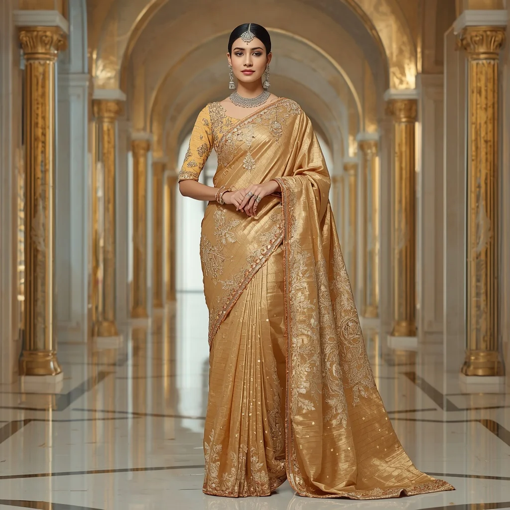 Premium Golden Heritage Rajrani Saree with Modern Crystal Royal Gallery Background | Grok Ai Prompt
