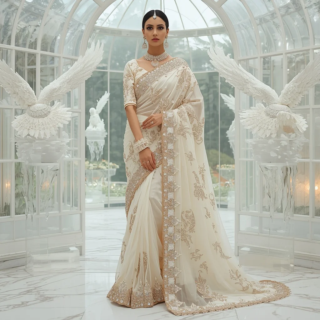 Premium Ivory Crystal Dove Empress Saree Fashion with White Glass Garden Background | Prompt Seen Gemini Girl Instagram