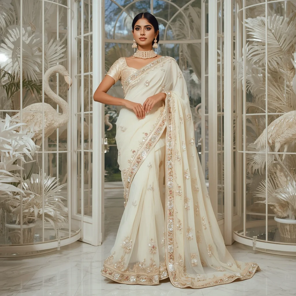 Premium Ivory Crystal Flamingo Saree Fashion with White Royal Glass Garden Background | Festival Prompt