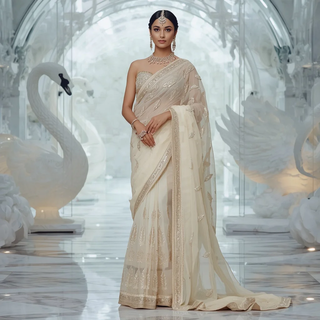 Premium Ivory Crystal Swan Empress Saree Fashion with White Glass Kingdom Background | Flux Ai Prompt