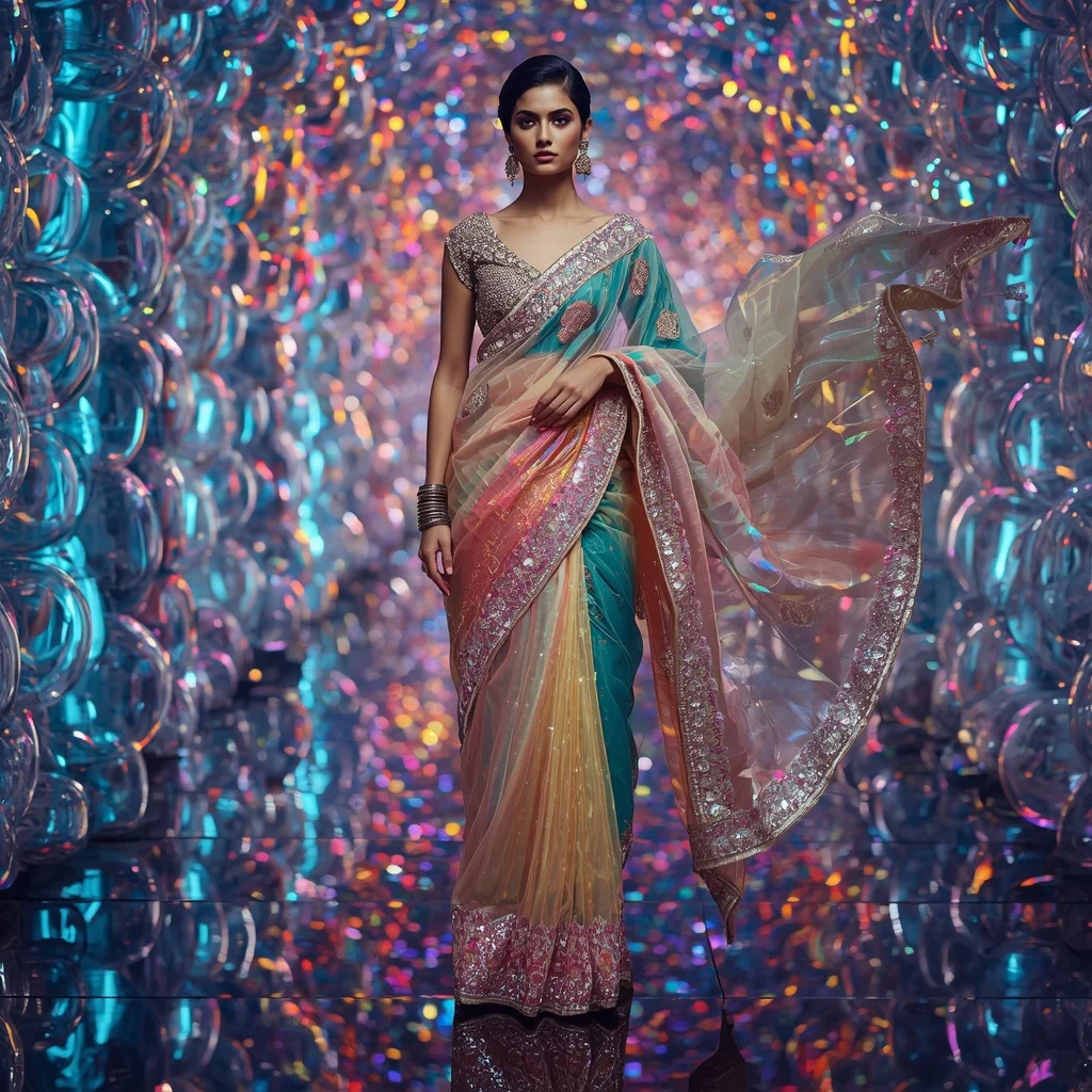 Premium Multicolor Prism Saree with Floating Spiral Editorial Walk and Bubble Reflection Hall Background | Fantasy Ai Prompt