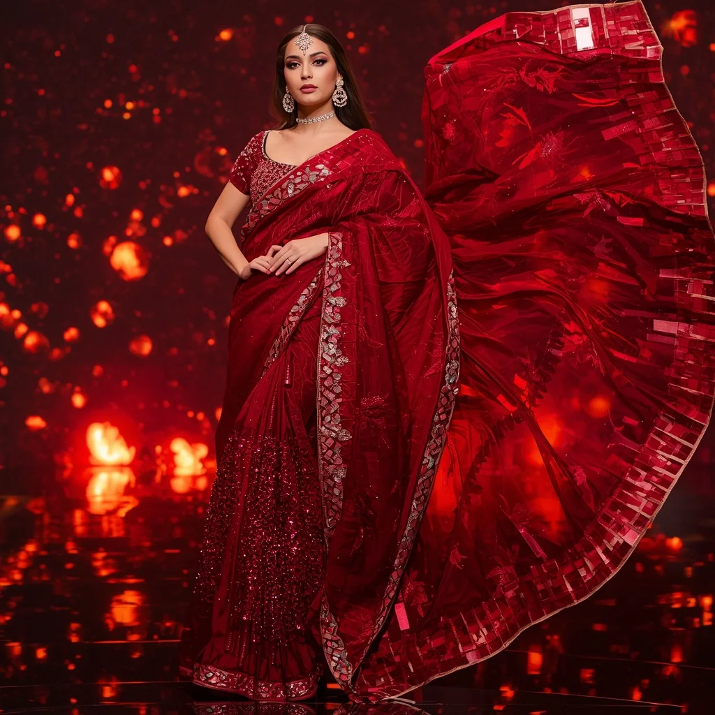 Premium Ruby Crystal Inferno Saree with Dynamic Runway Editorial Air Spiral and Digital Lava Reflection Dome Background | Prompt Gemini Ai