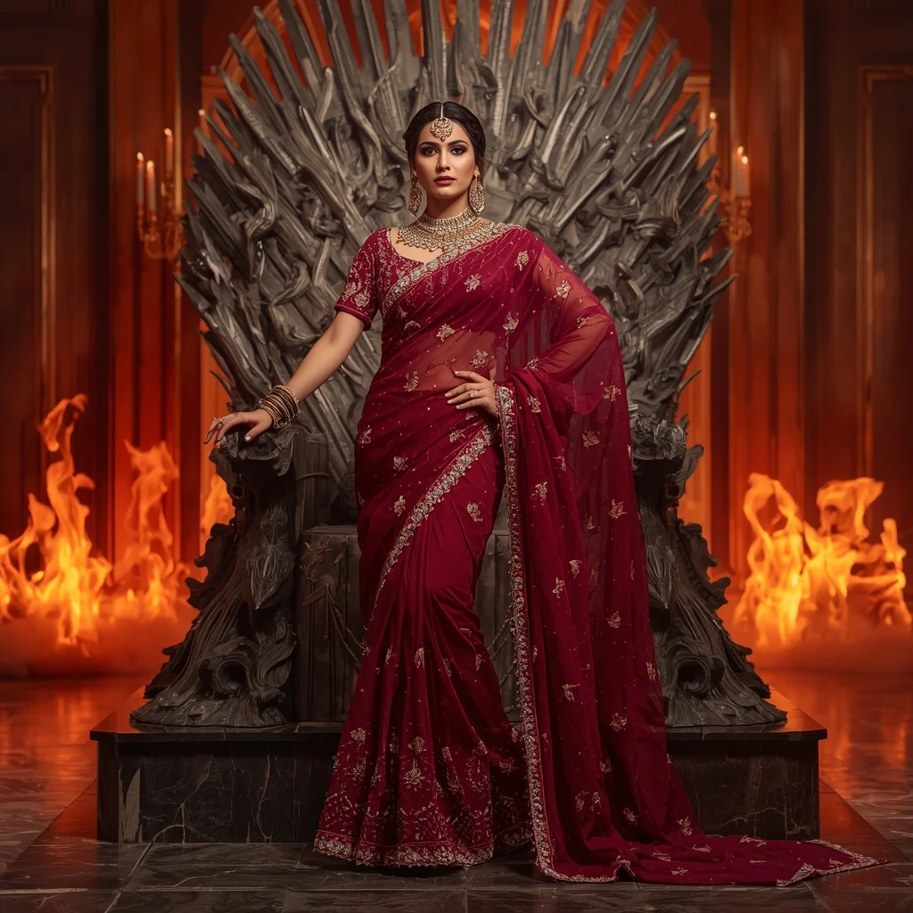 Premium Ruby Dragon Empress Saree Couture with Fire Crystal Throne Hall Background | Trending Prompt Girls ChatGPT