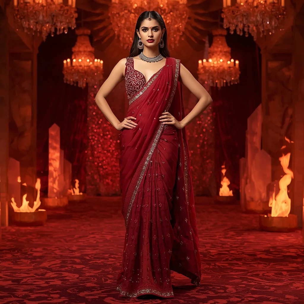 Premium Ruby Dragon Queen Saree Couture with Fire Crystal Empire Background | New Design Ai Prompt