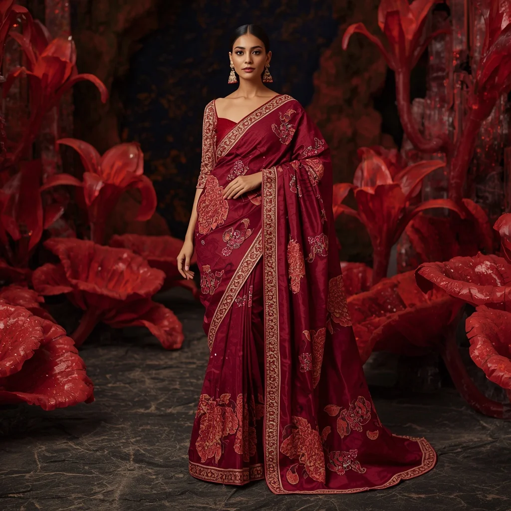 Premium Ruby Fire Lily Saree Couture with Lava Bloom Kingdom Background | Trending Prompt Girls ChatGPT