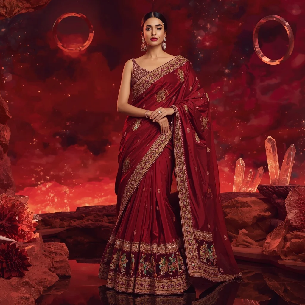 Premium Ruby Firebird Queen Saree Couture with Celestial Flame Kingdom Background | New Instagram Trend Prompt For Girl And Boy Copy And Paste
