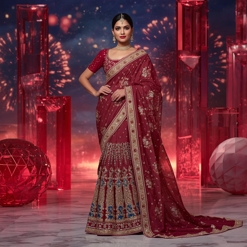 Premium Ruby Firework Queen Saree Couture with Celebration Crystal Sky Background | Prompt AI For Girl
