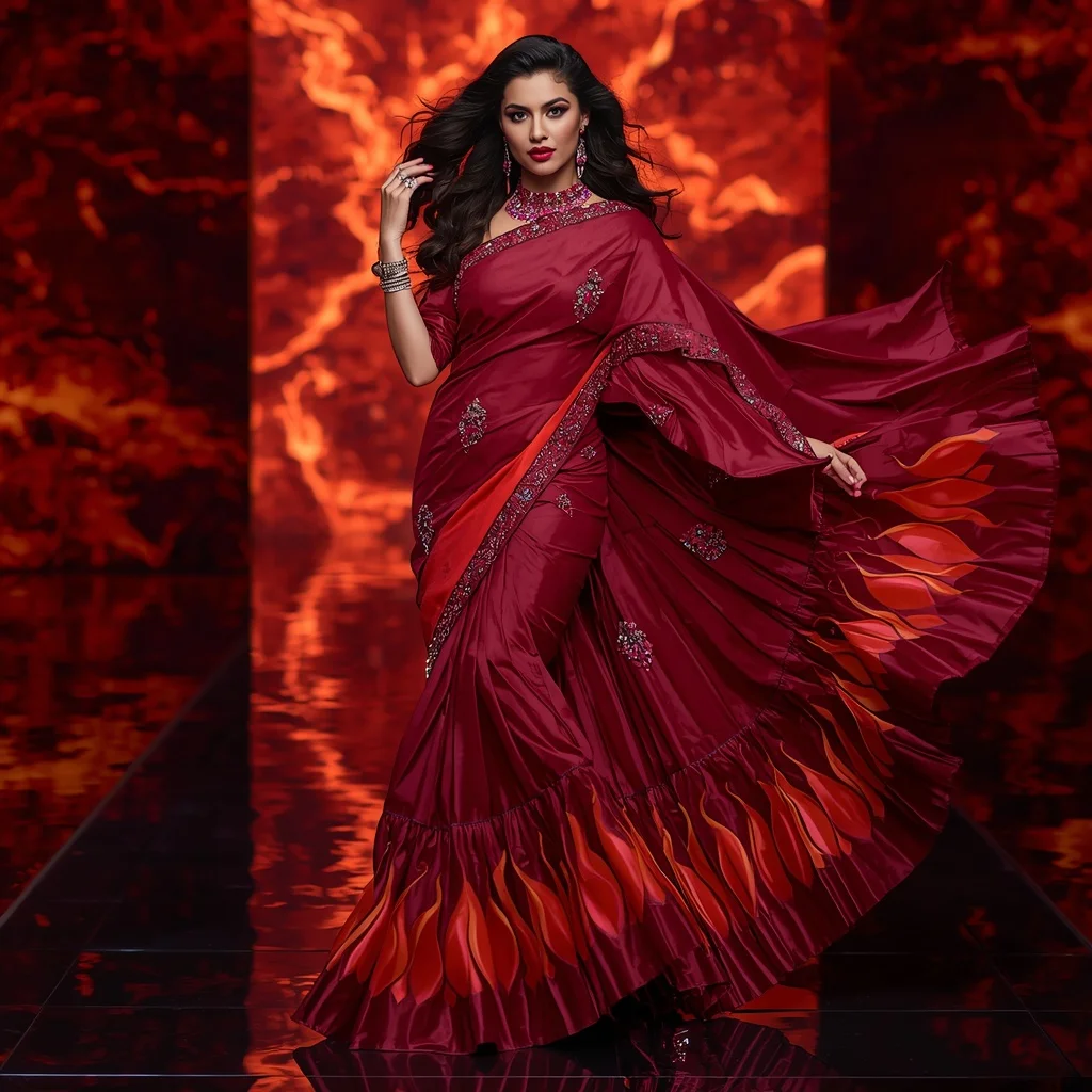 Premium Ruby Flamewave Saree with Dynamic Runway Editorial Curl and Digital Lava Reflection Hall Background | Instagram Reel Ai Prompt