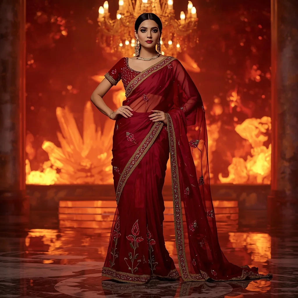 Premium Ruby Inferno Lotus Saree Couture with Fire Crystal Sanctuary Background | Festival Prompt