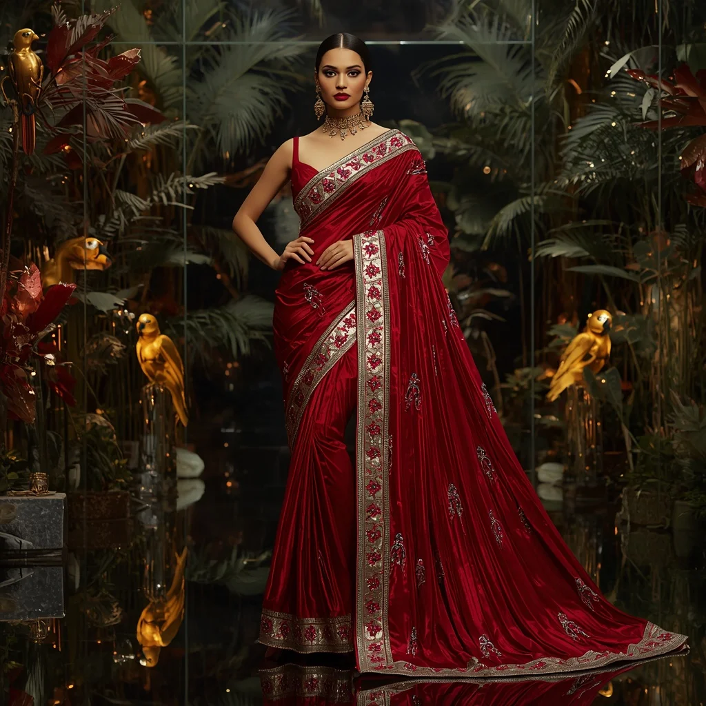 Premium Ruby Scarlet Macaw Saree Couture with Tropical Crystal Aviary Background | Influencers Ai Prompt