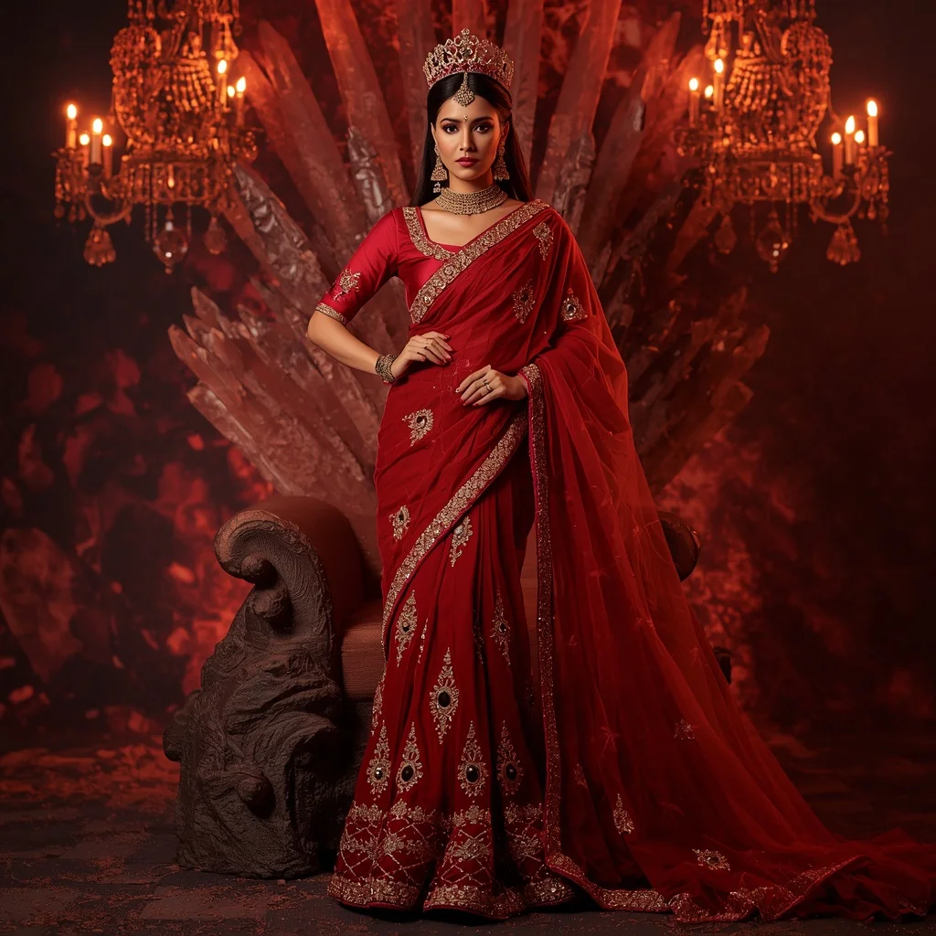 Premium Ruby Volcano Crown Saree Couture with Lava Crystal Throne Background | Gemini Ai Prompt